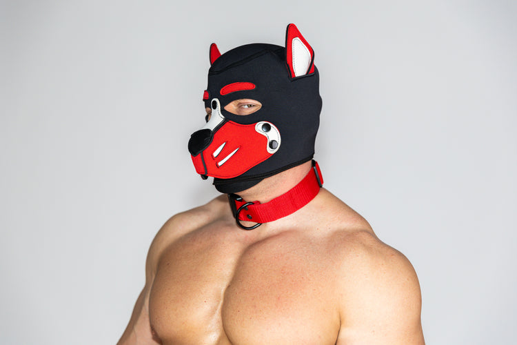 Fekete puppy maszk piros nyakörvvel egy férfin - FoxHeaven Studio BDSM kiegészítők