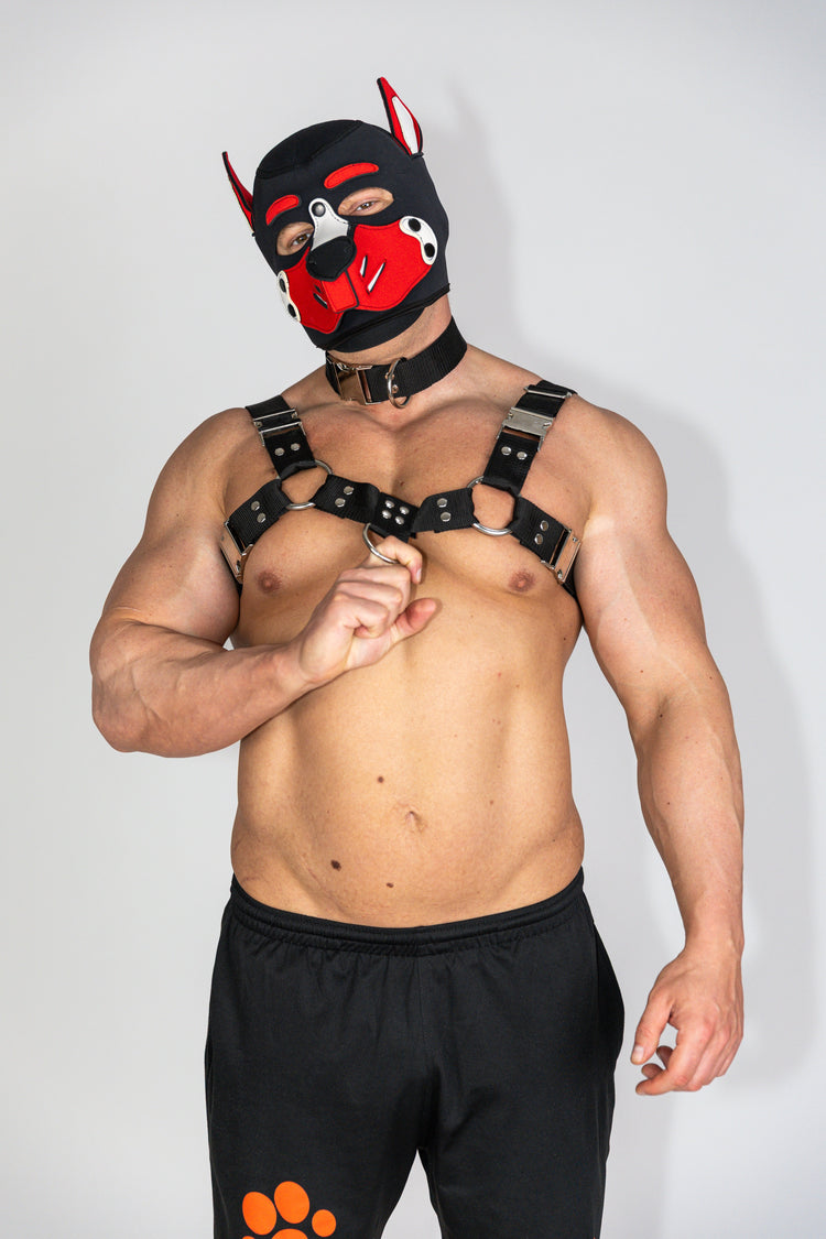 Fekete férfi BDSM felsőtest hám piros puppy maszkkal - FoxHeaven Studio kézműves hámok