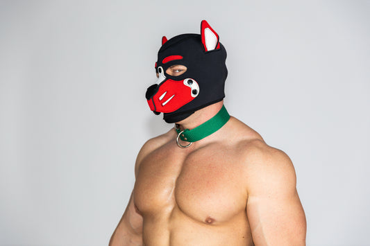 Zöld polipropilén szegecselt nyakörv ezüst fém csattal a modellen - FoxHeaven Studio